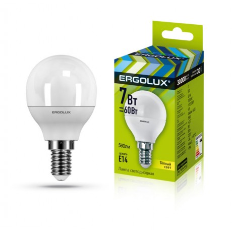 диодн/лампа   Ergolux LED7-G45-E14-3K 830 ( Шарик 7Вт 220B)